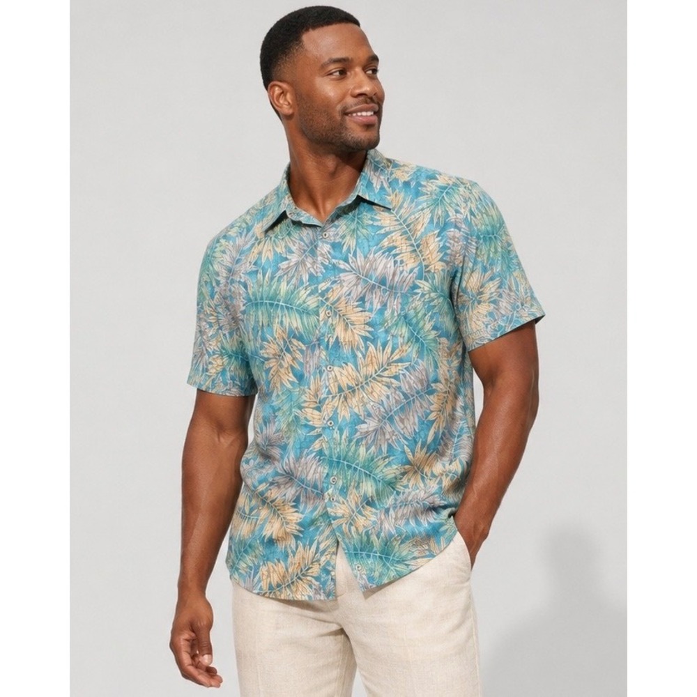 Tori Richard Honolulu Mens Medium Blue Green Palm Leaf Cotton Lawn Aloha Shirt